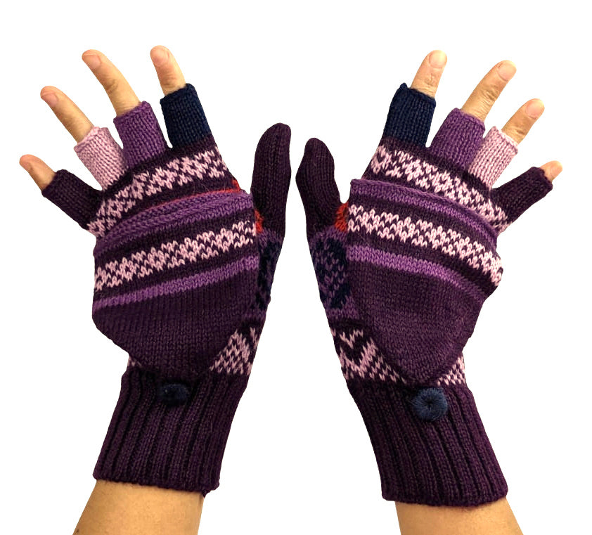 Alpaca Gloves Mittens Convertible - Dark Purple