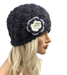 Alpaca Crochet Flower Hat Charcoal Color