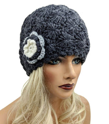 Alpaca Crochet Flower Hat Charcoal Color