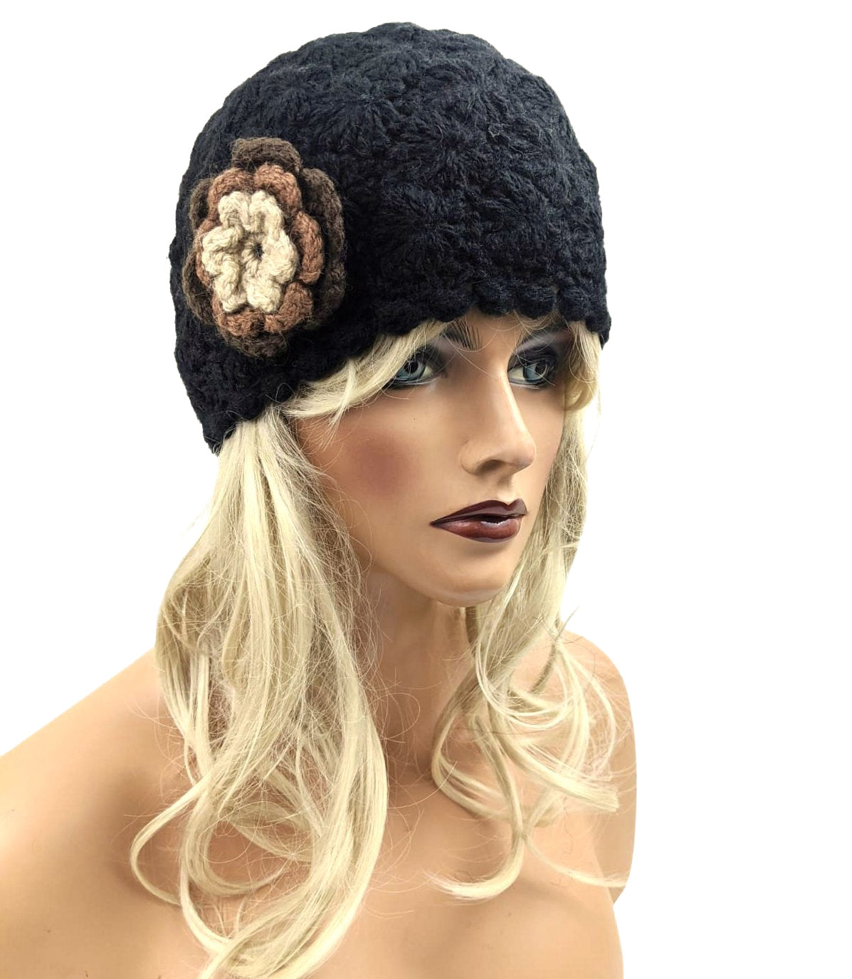 Alpaca Crochet Handmade Hat Black Color