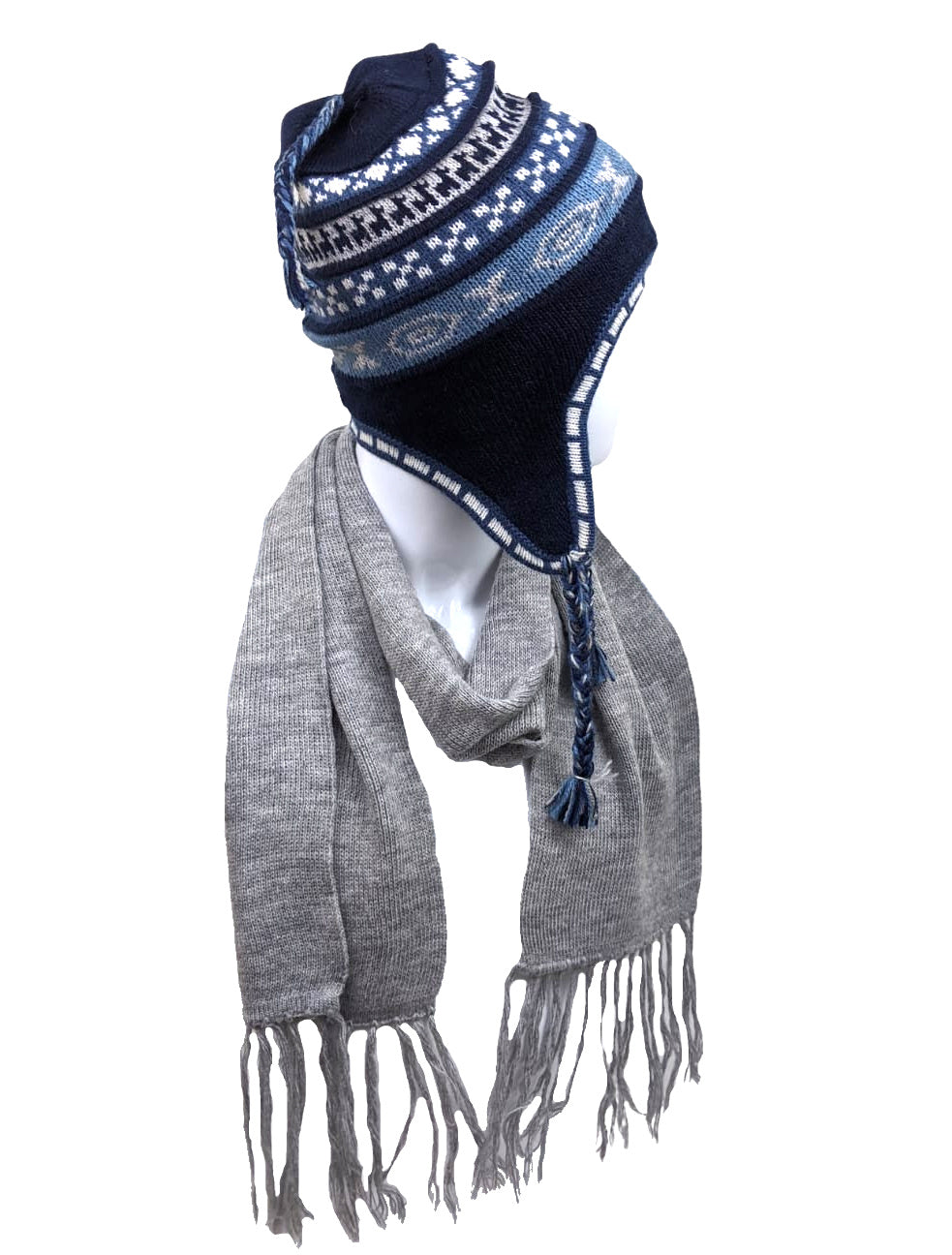 Navy blue patterned hat with ear flaps and gray scarf on a white background