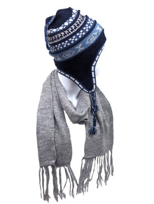 Navy blue patterned hat with ear flaps and gray scarf on a white background