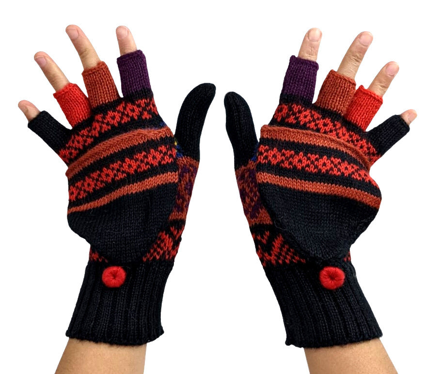 Alpaca Gloves Mittens Convertible - Black Multi